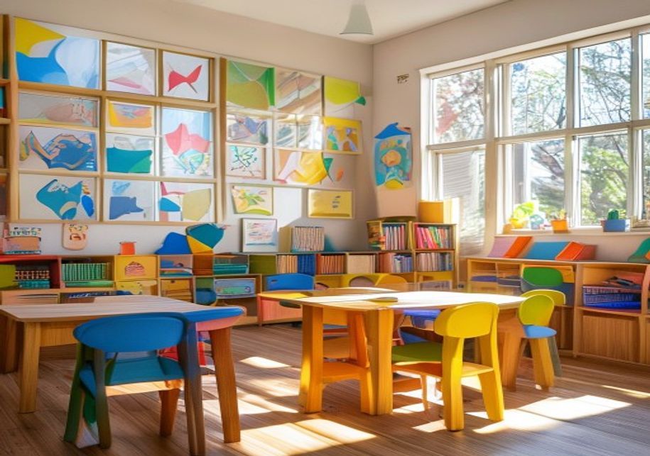 Gruppenraum mit niedrigen Tischen, Bücherecke, Bastelregal und Kinderbildern an der Wand