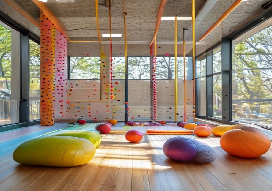 Bewegungsraum mit Sprossenwand, Weichbodenmatte, Bällebad und großen Fenstern